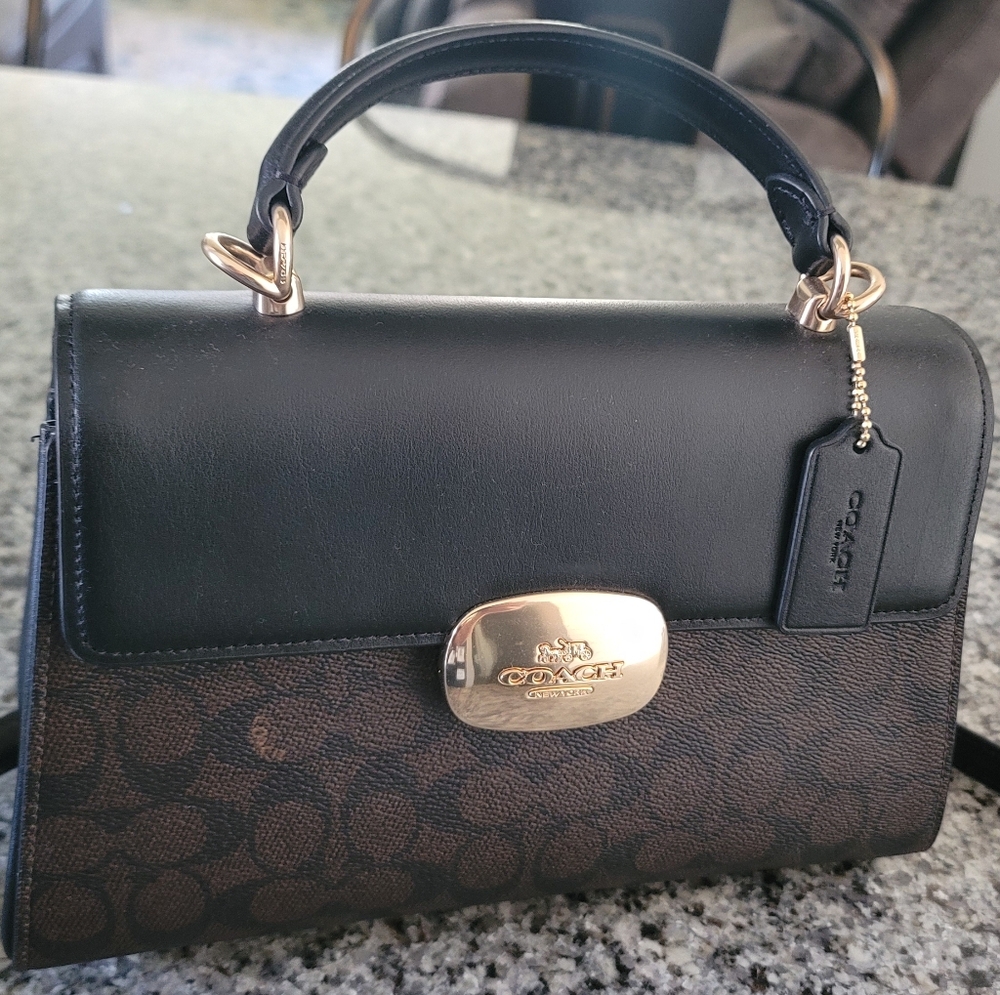Coach Eliza Top Handle Black and Brown with Signature Canvas